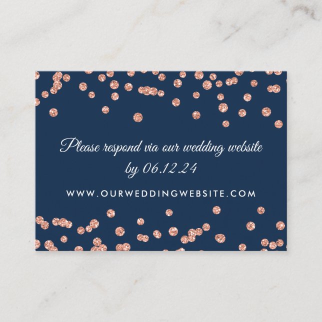 Wedding Website RSVP Rose Gold Confetti Navy Enclosure Card (Front)