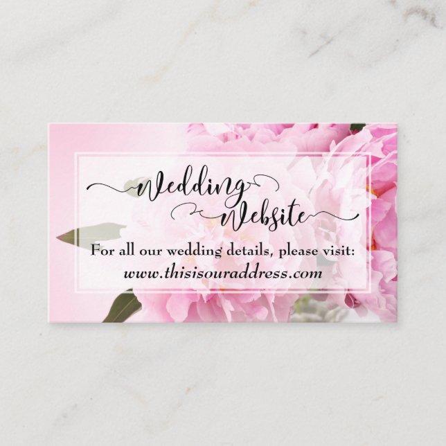 Wedding Website | Script Over Pink Peonies Enclosure Card (Front)