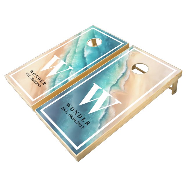 Wedding Wed Monogram Ocean beach Cornhole Set (Angled)