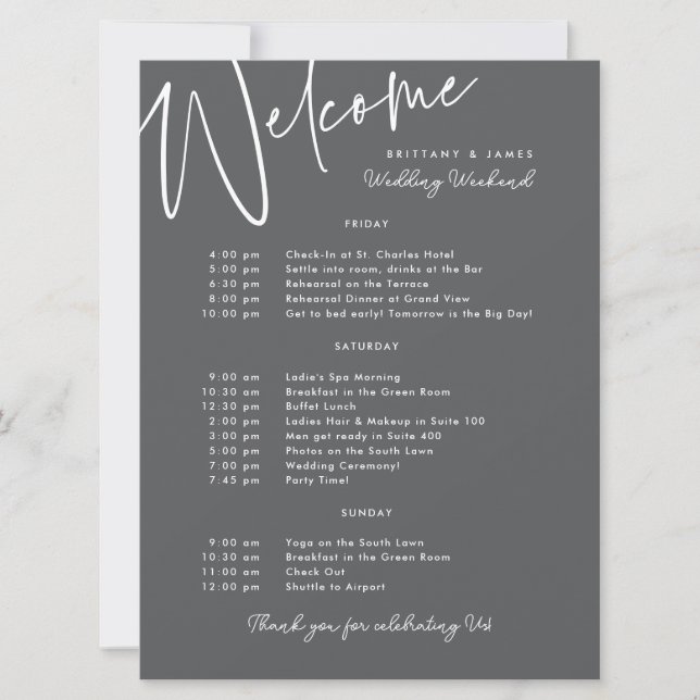 Wedding Weekend Itinerary Charcoal Welcome Card (Front)