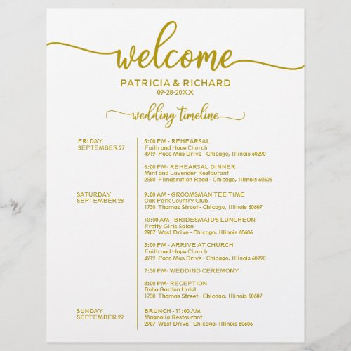 Wedding Weekend Itinerary Chic Gold Timeline