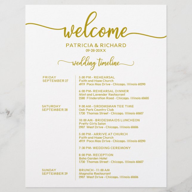 Wedding Weekend Itinerary Chic Gold Timeline (Front)