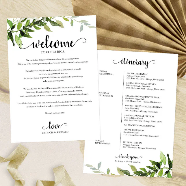 Wedding Weekend Itinerary Elegant Greenery Invitation | Zazzle