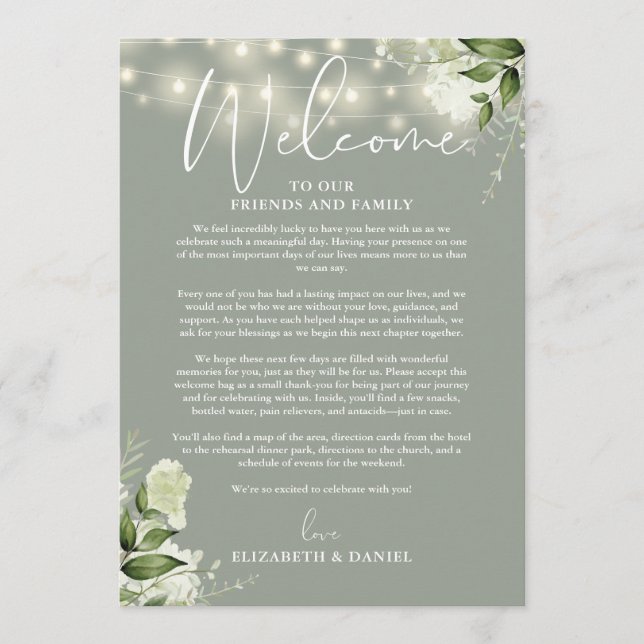 Wedding Weekend Itinerary Sage Green Floral Program (Front)