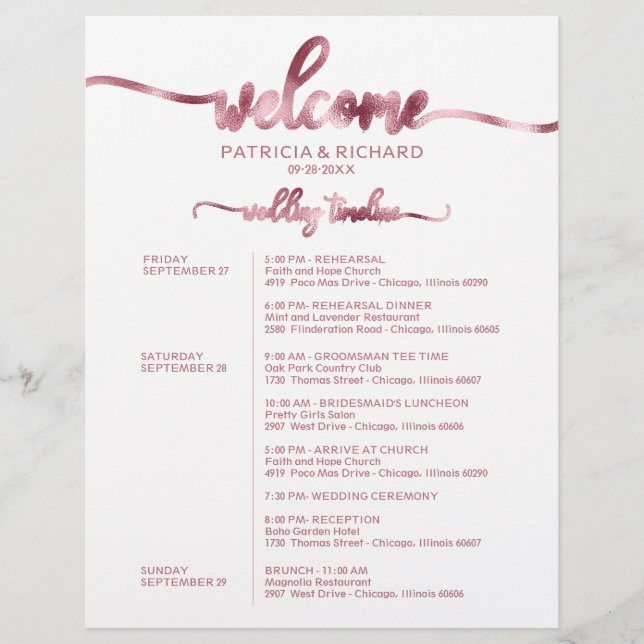 Wedding Weekend Itinerary Simple Chic Timeline (Front)