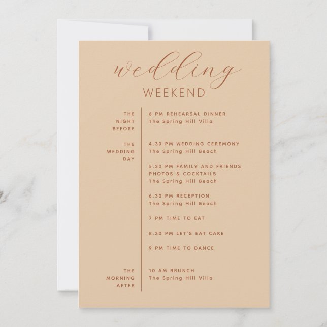 Wedding Weekend Itinerary | Timeline Peach Sand Invitation (Back)