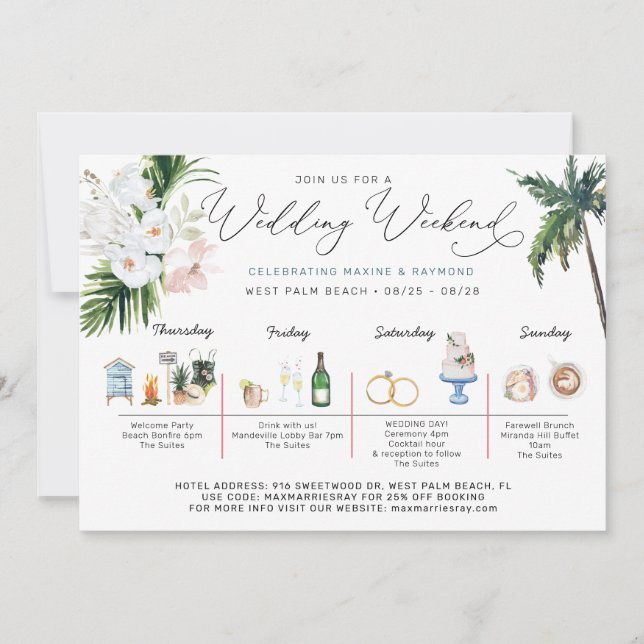 Wedding Weekend Itinerary | Tropical Beach Invitation (Front)