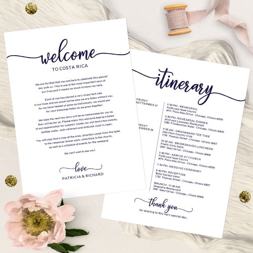 Wedding Weekend Welcome Itinerary Chic Navy Blue