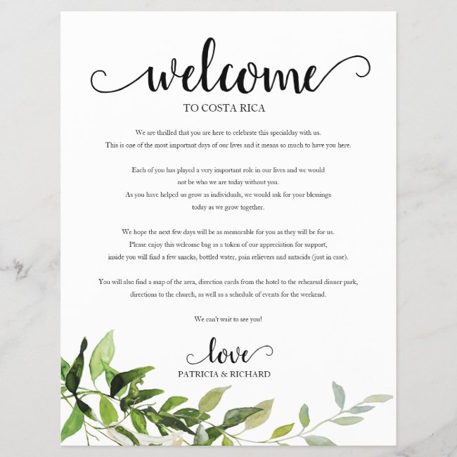 Wedding Weekend Welcome Itinerary Elegant Greenery