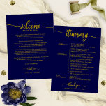 Wedding Weekend Welcome Itinerary Gold Navy Blue Invitation<br><div class="desc">Wedding Weekend Welcome and Itinerary Letter Chic Calligraphy Cards</div>