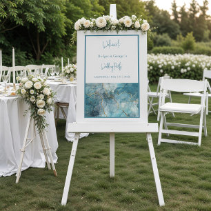 wedding welcome abstract teal blue marble frosted  acrylic sign