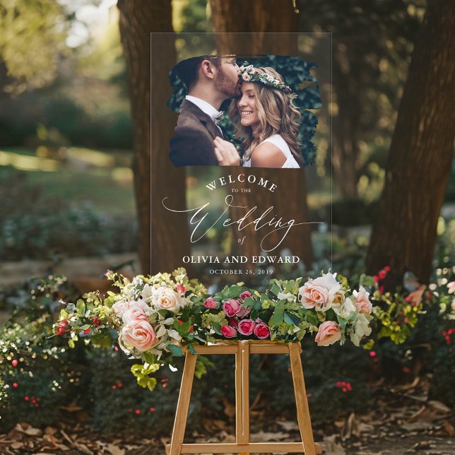 Wedding Welcome Acrylic Sign with Photo (Minimalist Elegant Wedding Welcome Design on the Acrylic Sign)