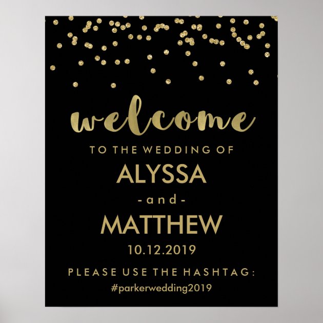 Wedding Welcome And Hashtag | Black And Gold Poster