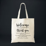 Wedding Welcome and Thank You Hotel Gift Bag<br><div class="desc">Make your wedding and out of town guest feel special with this welcome/thank you tote bag. Personalize the bag by adding your wedding location, 2 lines of custom text and your names. Timeless and classic, yet chic and stylish . . . perfect as a gift bag for your out of...</div>