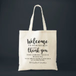 Wedding Welcome and Thank You Hotel Gift Bag<br><div class="desc">Make your wedding and out of town guest feel special with this welcome/thank you tote bag. Personalize the bag by adding your wedding location, 2 lines of custom text and your names. Timeless and classic, yet chic and stylish . . . perfect as a gift bag for your out of...</div>
