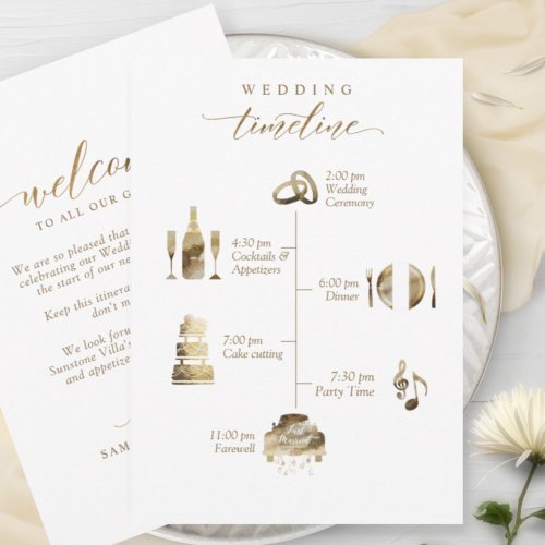 Wedding Welcome and Timeline Card White and Gold