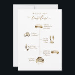 Wedding Welcome and Timeline Card With Shuttle<br><div class="desc">Welcome your guests with this gorgeous card with elegant timeline on the front and welcoming message on the back. White and gold design with exquisite golden watercolor timeline icons as well as delicate modern hand written calligraphy details in faux gold foil. Ability to "grab and move" timeline icon images to...</div>