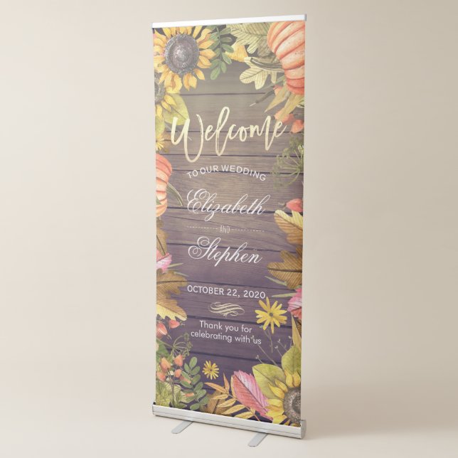 Wedding Welcome Autumn Maple Leaves Pumpkins Wood Retractable Banner (3/4)