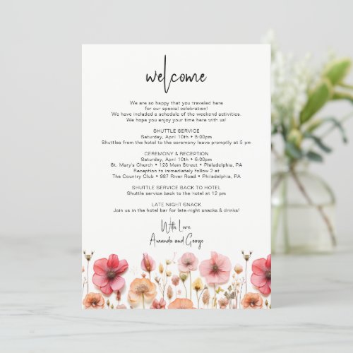 Wedding Welcome Bag Letter Itinerary Wildflowers  Holiday Card