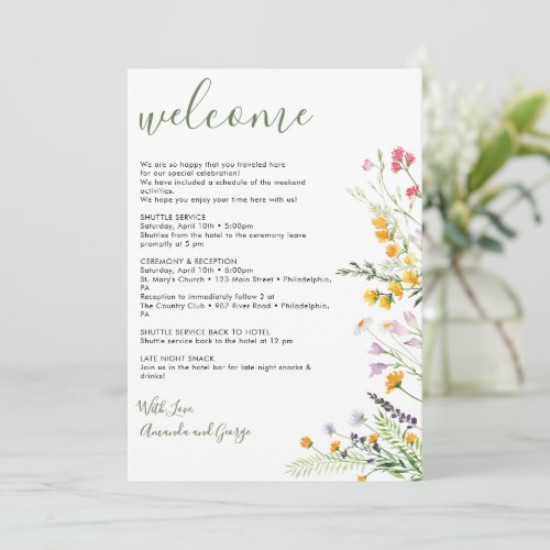 Wedding Welcome Bag Letter Itinerary Wildflowers Holiday Card