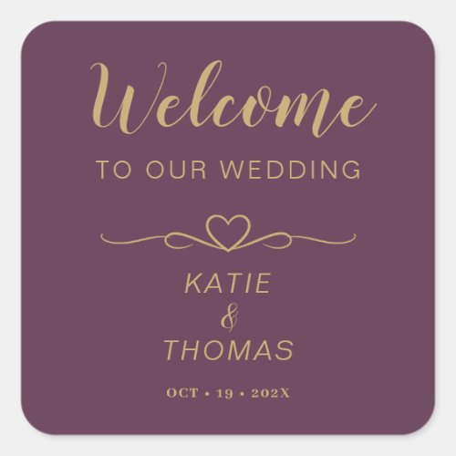 Wedding Welcome Bag Stickers Names Date Plum Gold