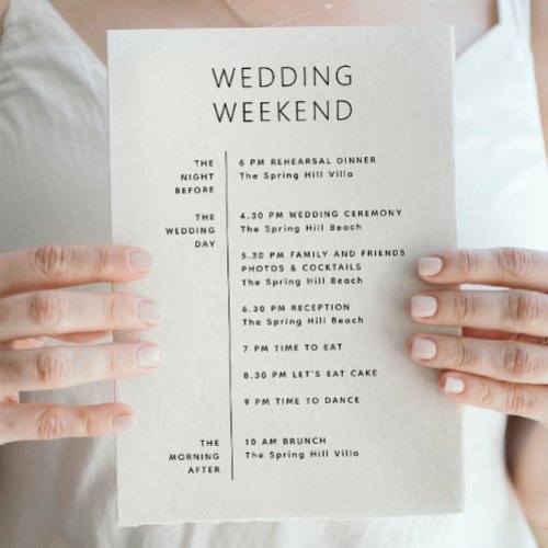 Wedding welcome bag Weekend itinerary Timeline Invitation