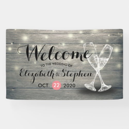 Wedding Welcome Banner Champagne Glass Wood Lights