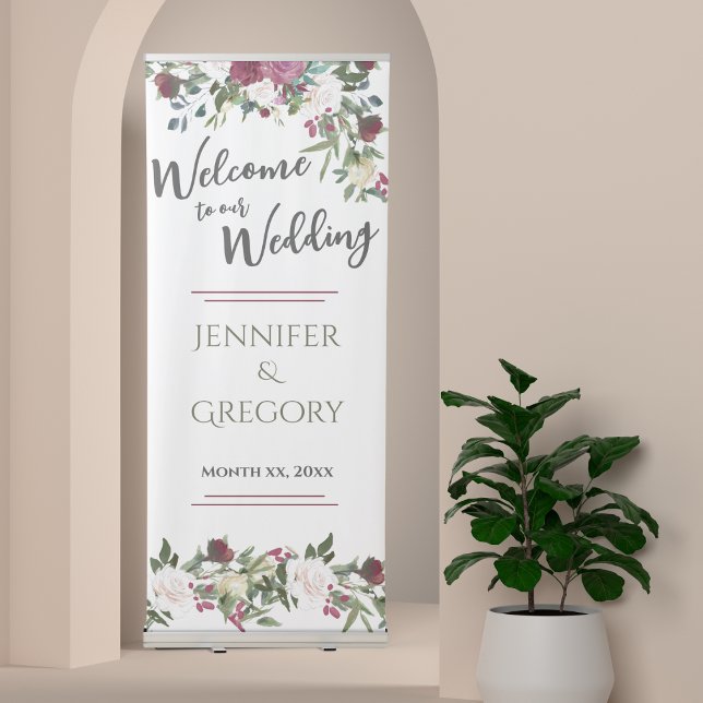 Wedding Welcome Banner Watercolor White Roses (Wedding Welcome Banner Watercolor White Roses with Cranberry Flowers)