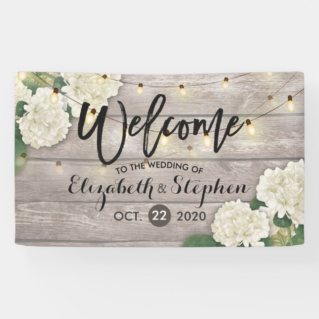 Wedding Welcome Banner Wood Flowers String Lights (Horizontal)