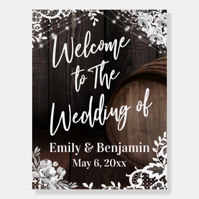 Wedding Welcome Barrel, Lights, Lace & Flowers Foam Board (Front)