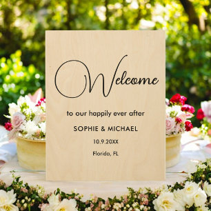 Wedding Welcome Black Script Elegant Wood Wall Art