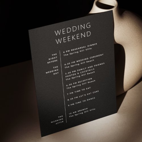 Wedding welcome Black Weekend itinerary Timeline Invitation