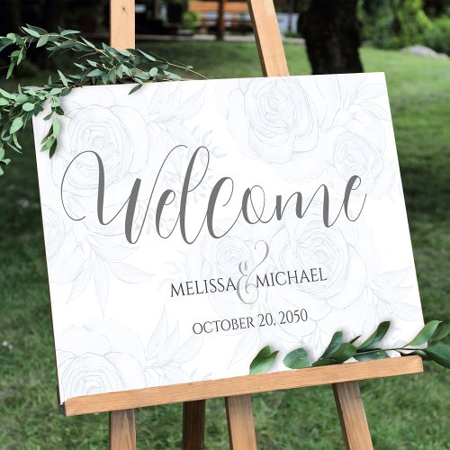 Wedding Welcome Blue Floral Elegant Simple  Foam Board