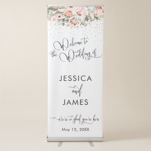 Wedding Welcome Blush Floral Faux Gold Confetti Retractable Banner