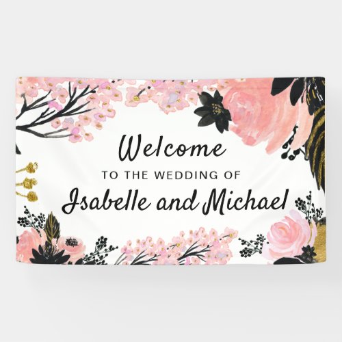 Wedding Welcome Blush Pink Black and Gold Floral Banner