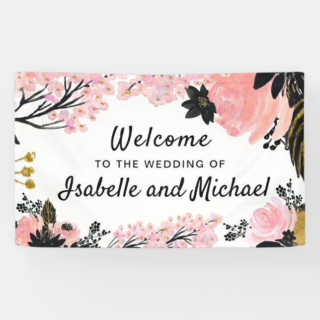 Wedding Welcome Blush Pink, Black and Gold Floral Banner (Horizontal)