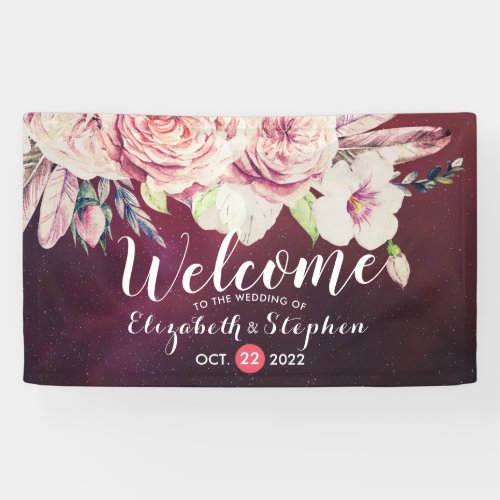 Wedding Welcome Boho Floral Feathers Burgundy Red Banner