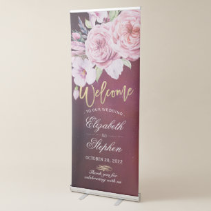 Wedding Welcome Boho Floral Feathers Burgundy Red Retractable Banner