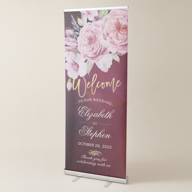 Wedding Welcome Boho Floral Feathers Burgundy Red Retractable Banner (3/4)