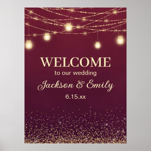 Wedding Welcome Burgundy Gold String Lights Poster