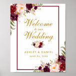 Wedding Welcome Burgundy Gold Watercolor Floral Poster at Zazzle