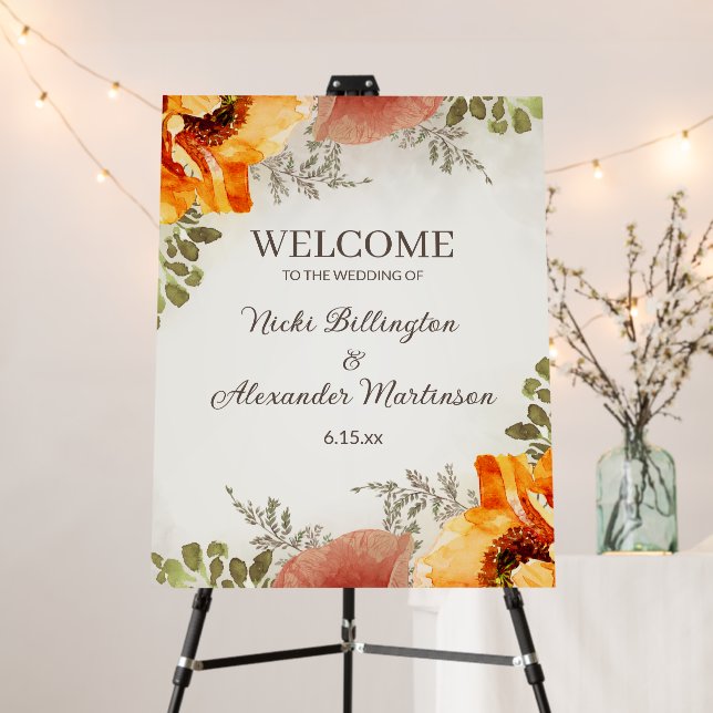 Wedding Welcome Burnt Orange Floral Names Date  Foam Board (In Situ (Stand))