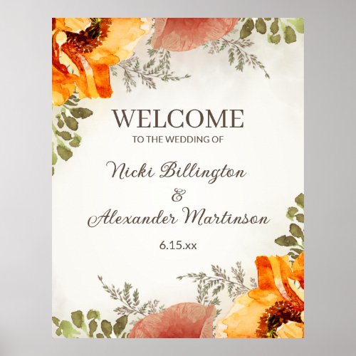 Wedding Welcome Burnt Orange Floral Names Date Poster