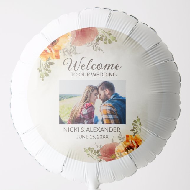 Wedding Welcome Burnt Orange Floral Photo  Balloon (Front)
