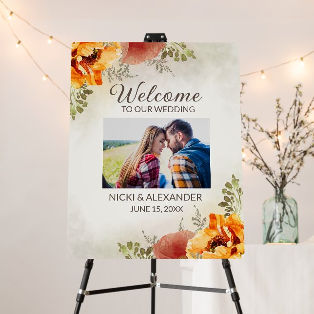Wedding Welcome Burnt Orange Floral Photo  Foam Board (In Situ (Stand))