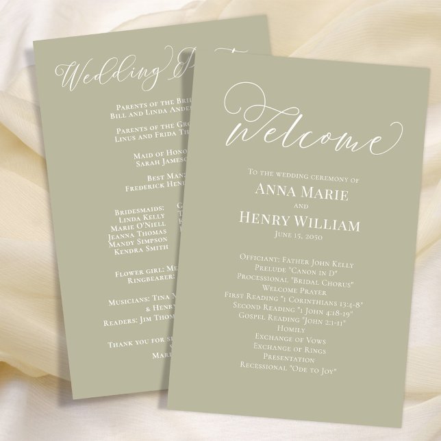 Wedding Welcome Calligraphy Script Sage Green (Welcome wedding program with elegant sage green and calligraphy script. )