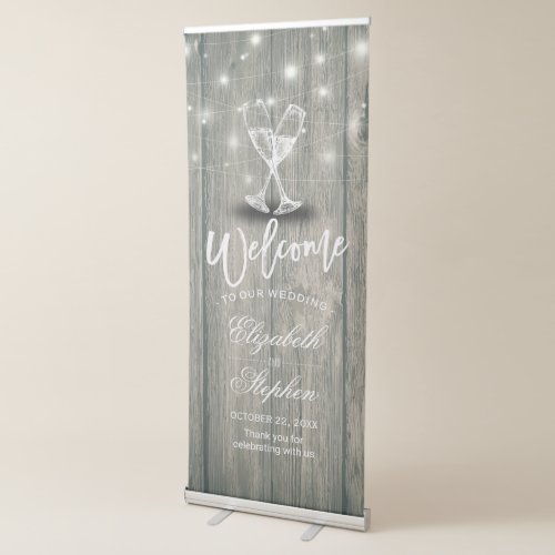 Wedding Welcome Champagne Glass Wood String Lights Retractable Banner