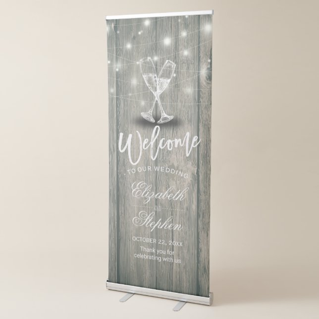 Wedding Welcome Champagne Glass Wood String Lights Retractable Banner (3/4)