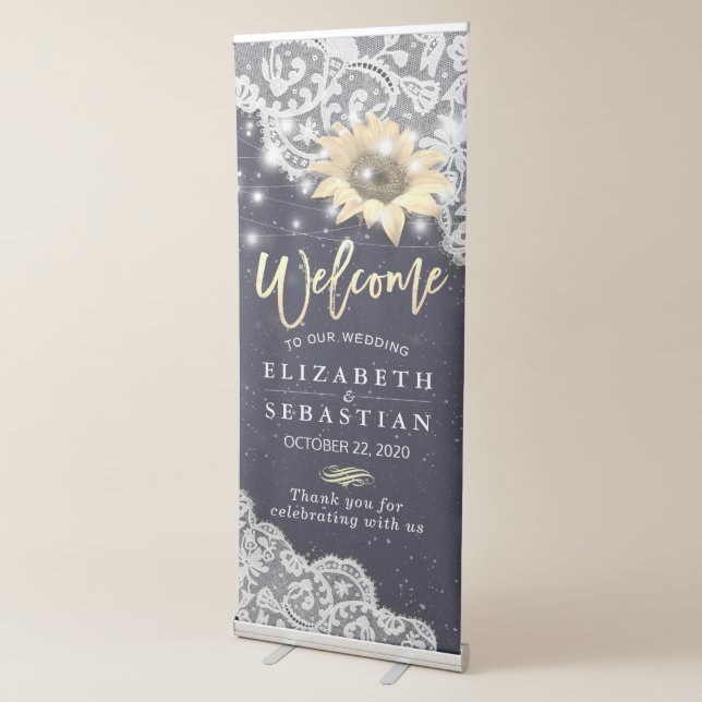 Wedding Welcome Chic Lace Sunflowers String Lights Retractable Banner (3/4)