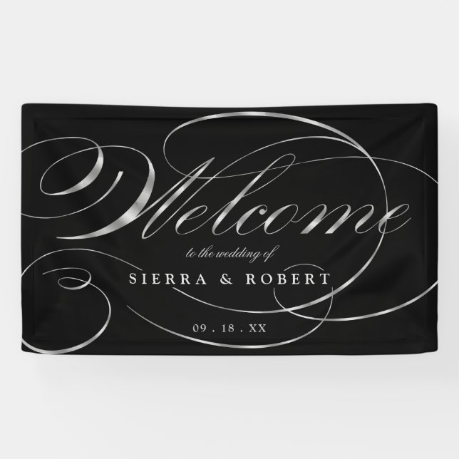 Wedding Welcome Elegant Faux Foil Silver Script Banner (Horizontal)